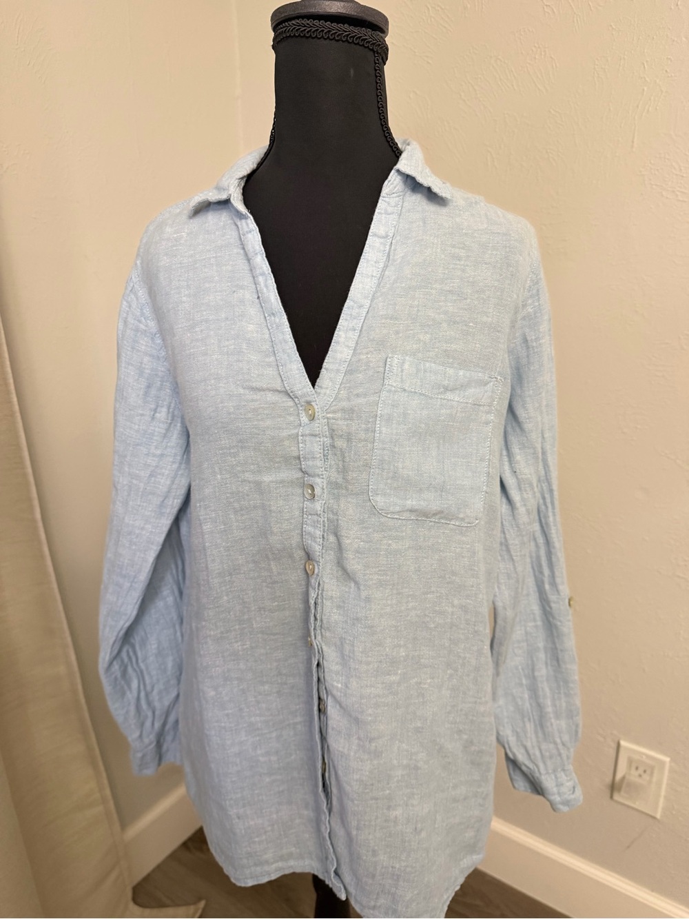 Sigrid Olsen Light Blue Linen Button-Up Shirt - Womens